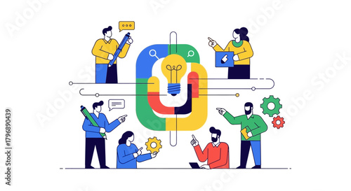 Illustrative depiction of creative collaboration, teamwork, and idea generation in a colorful