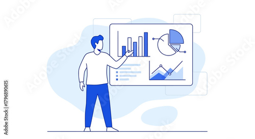 Business data visualization with a presenter explaining statistical charts and diagrams in a