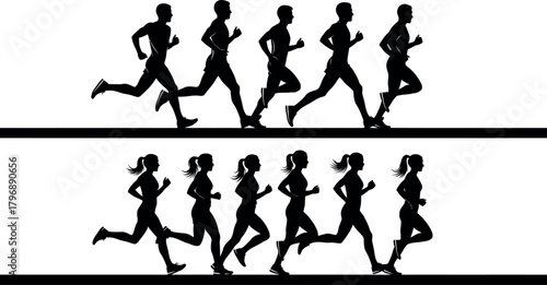 Silhouettes of diverse groups of men and women running together in a line representing fitness and activity