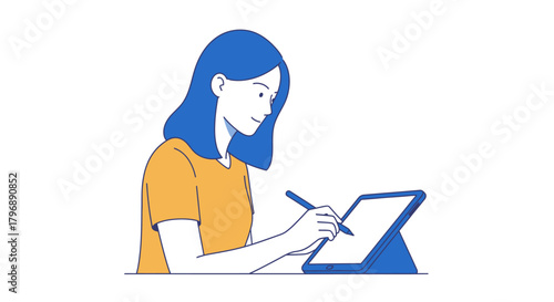 Young woman designing on a digital tablet with a stylus illustration minimalist creative design