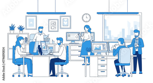 Collaborative teamwork atmosphere illustration in modern corporate office setting with employees