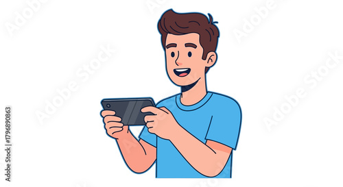 Enthusiastic cartoon man immersed in mobile gaming on smartphone entertainment