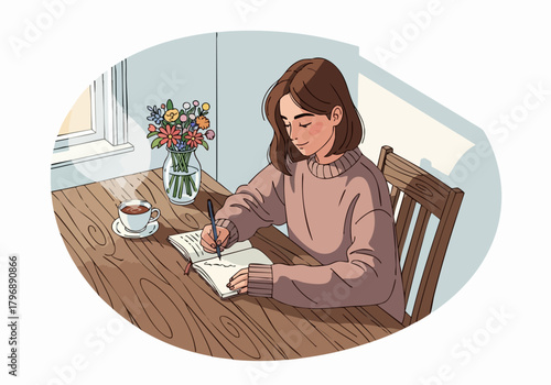 Illustration of a young woman writing in a journal at a wooden table with flowers and a cup of coffee near a window.