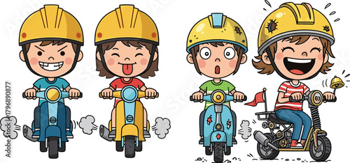 Happy children riding colorful scooters and bikes wearing helmets, playful kids racing together with joyful expressions in fun outdoor activity scene