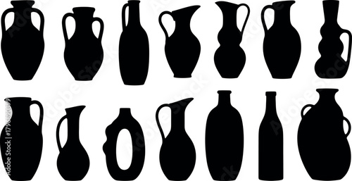 Collection of diverse ancient pottery silhouettes including amphorae jugs and vases on a white background
