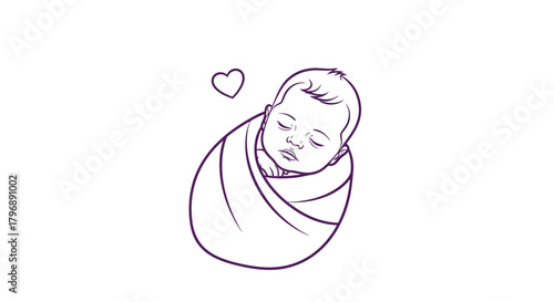 Newborn bliss line art illustration of a sleeping baby wrapped with a heart above it