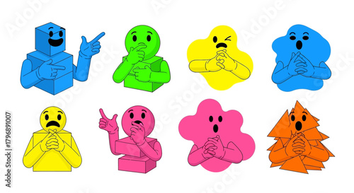 Expressionistic geometric characters convey diverse feelings with symbolic hand gestures on a