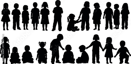 Diverse group of children silhouettes standing and sitting together in a studio setting