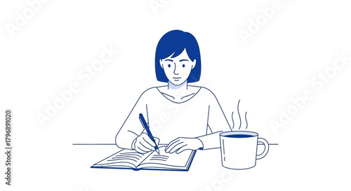 Woman creating story at desk with pen notebook and cup of tea in morning drawing