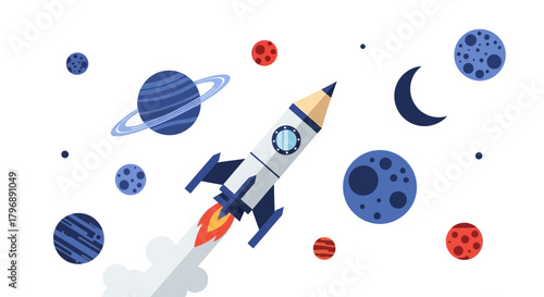 Imagination takes flight: Creative pencil rocket soaring through a galaxy of artful planets