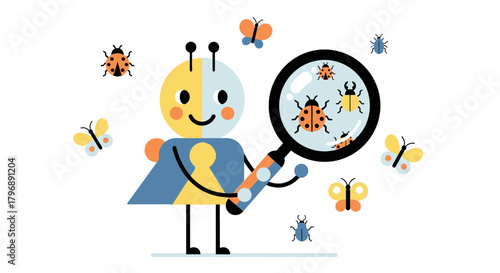Cartoon insect detective character with magnifying glass inspecting bugs and butterflies,