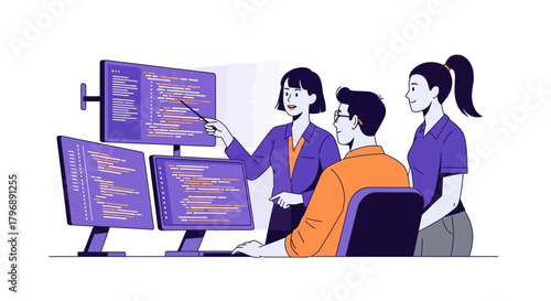 Team collaboration session software engineers reviewing code on multiple monitors screen display