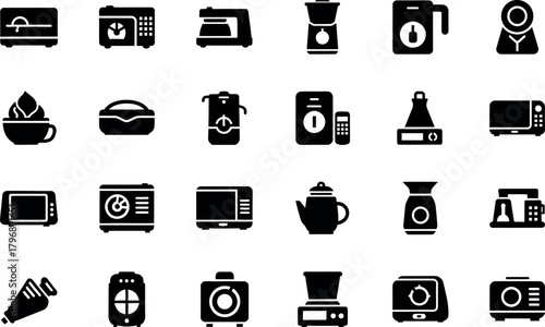 Collection of black and white icons representing various kitchen appliances and household electronics