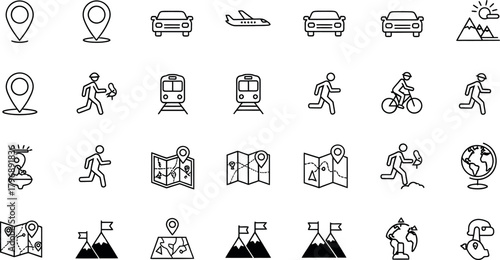 Collection of hand drawn travel and transportation icons representing locations vehicles and activities
