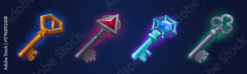 Game keys props icons, gamer assets, graphics
