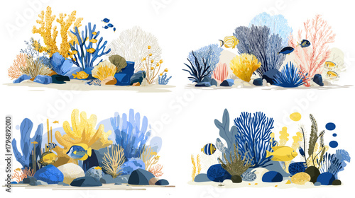Vibrant underwater reef scenes in blue and yellow with tropical fish, coral, and rocks. Watercolor seascapes ideal for ocean-themed designs, posters, and educational visuals.