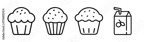 Three simple line art muffins and a juice box icon set for design