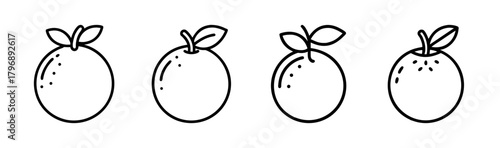 Four hand drawn oranges with leaves and stems in a row simple outline art