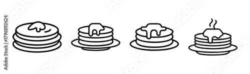 Delicious stack of pancakes with syrup icon set for breakfast food graphics