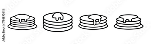 Four delicious stacks of pancakes drizzled with syrup breakfast treat icons