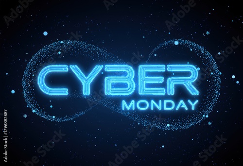Neon cyber monday sign with infinity symbol and blue sparkles