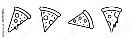 Four hand-drawn pizza slices with different toppings and melted cheese details