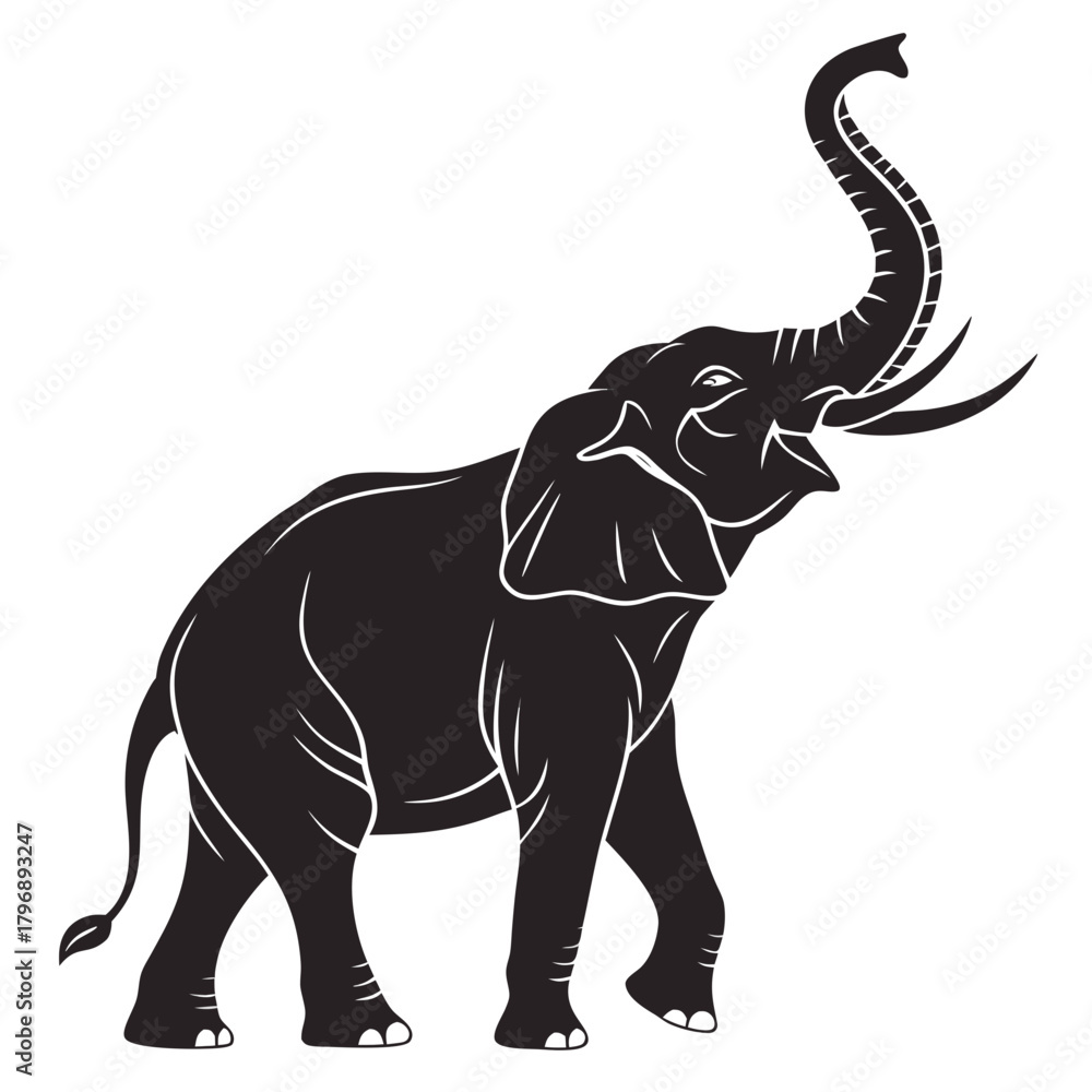 Obraz premium Majestic Elephant Silhouette: A striking black and white silhouette of a powerful elephant, showcasing its majestic form, raised trunk, and long tusks against a pure background.