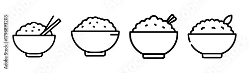 Four styles of rice bowls with chopsticks and spoons simple outline drawings