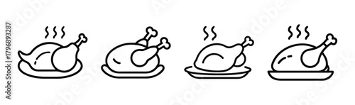 Four stylized line art icons of hot roasted chickens on serving plates