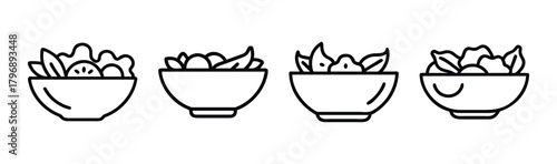Four simple line art salad bowls showing different ingredients and toppings