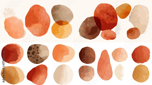 Organic watercolor blobs and pebbles in warm terracotta and sand tones. Abstract clipart set for boho branding, minimalist posters, and soft textured backgrounds.