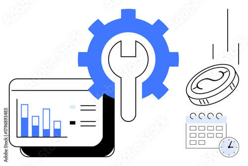 Gear with wrench for development, analytics chart, falling coin, clock, and calendar. Ideal for productivity, planning, financial management, efficiency business strategy optimization simple flat