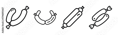 Collection of hand drawn sausage links in various appetizing poses perfect for food graphics