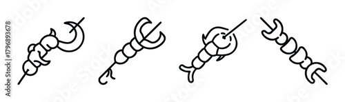 Four stylized shrimp skewers depicted in a minimalist line art style with subtle shading and texture