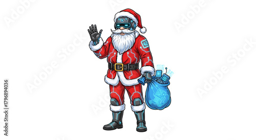 Futuristic Santa Claus delivering tech gifts in a digital circuit suit waving hello bringing holiday cheer with a modern twist for Christmas season