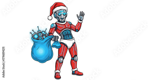 Festive robot Santa delivering tech gifts with cheerful wave for holiday promotions and modern Christmas designs, sparking joy and futuristic cheer