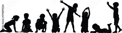 Children silhouettes playing and posing, active kids illustration, joyful childhood moments graphic, playful youth activity concept