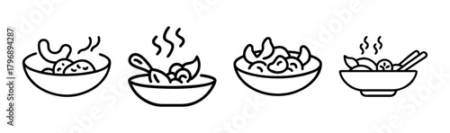 Four bowls of steaming hot stir-fried vegetables and noodles hand-drawn style