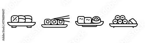 Sushi Set Icon: A visually appealing flat illustration presents a diverse array of sushi pieces beautifully arranged on elegant plates, ready to be enjoyed. 
