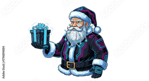 Futuristic Santa delivers a glowing tech gift, a fun and modern twist on the classic holiday spirit with a touch of digital flair, for Christmas campaigns.