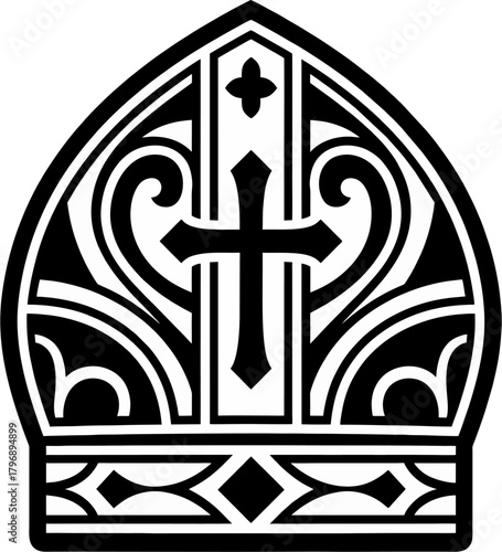 Ornamental Bishop Mitre Hat with Cross Vector, Black and White Catholic Clergy Headwear