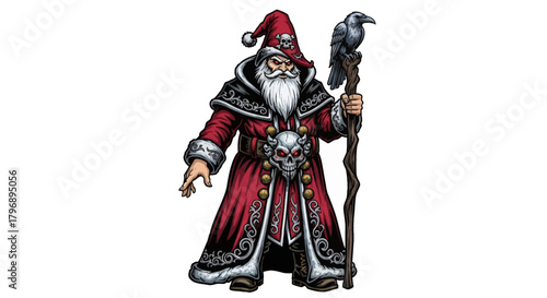 Dark Santa Claus with Raven Staff for Unique Holiday Designs and Festive Occult Themes, Perfect for Alternative Christmas and Winter Solstice Celebrations