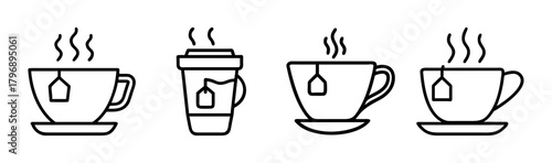 Collection of steaming hot tea cups and coffee cups with tea bags for refreshing beverages