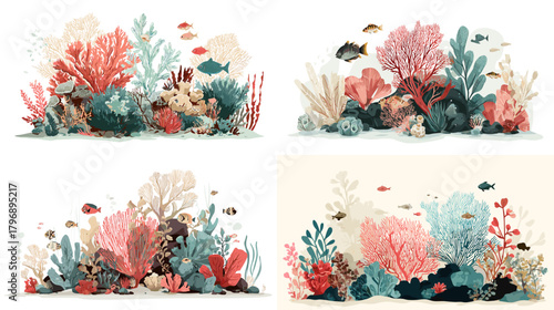 Lush coral reef scenes with tropical fish, rocks, and plants in teal and coral palettes. Peaceful underwater watercolor clipart for ocean designs and conservation themes.