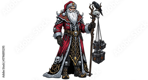 Enigmatic Krampus Santa bringing dark gifts with crow and skull staff is perfect for alternative holiday designs and edgy seasonal campaigns