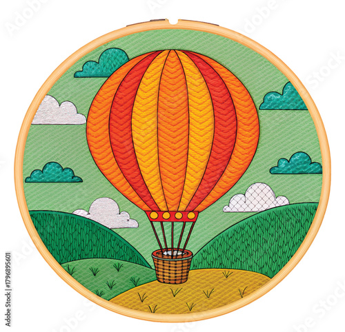 Whimsical embroidered hot air balloon soaring through dreamy landscape, vector graphic for children's decor and playful designs, adventure awaits