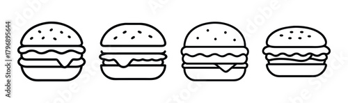 Four simple outline style veggie burgers side by side line art food design element