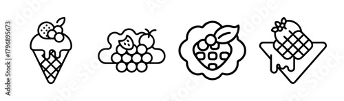 Charming outline icons of ice cream berries grapes and waffle desserts for food and beverage