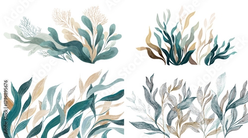 Flowing seaweed and kelp fronds in teal and sand hues. Aquatic botanical watercolor clipart for ocean branding, serene patterns, and natural coastal compositions.