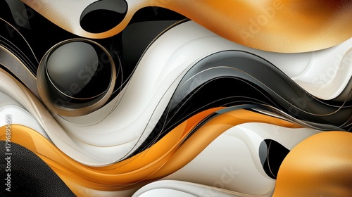 Abstract Fluid Shapes in Black, White, Gold and Orange Tones